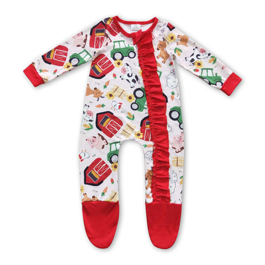Cow pig sheep chicken baby girls zipper farm romper