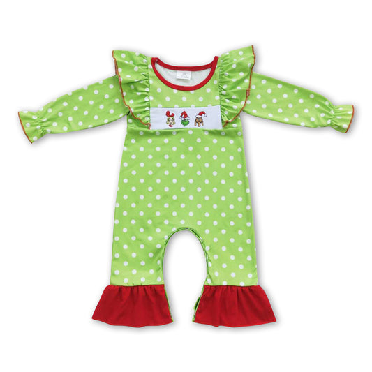 Green face polka dots long sleeves baby girls Christmas romper