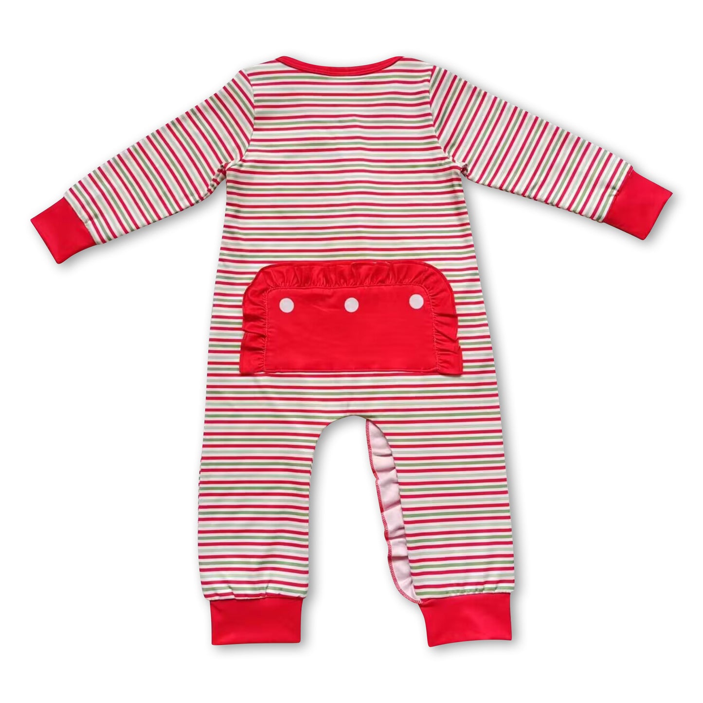 Santa red green stripe ruffle baby girls zipper Christmas romper