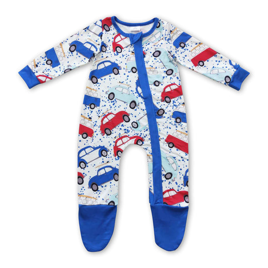 Blue cars long sleeves baby kids zipper romper