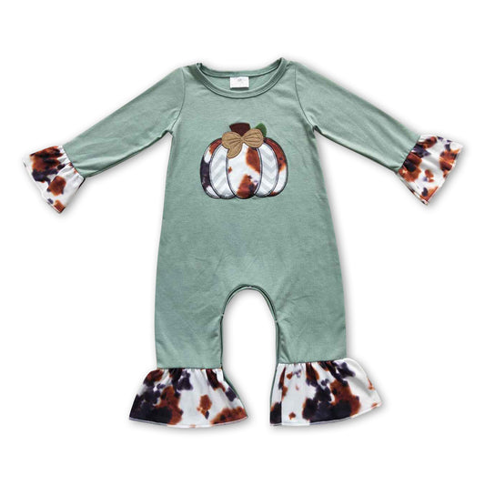 Cow print pumpkin ruffle baby girls fall romper