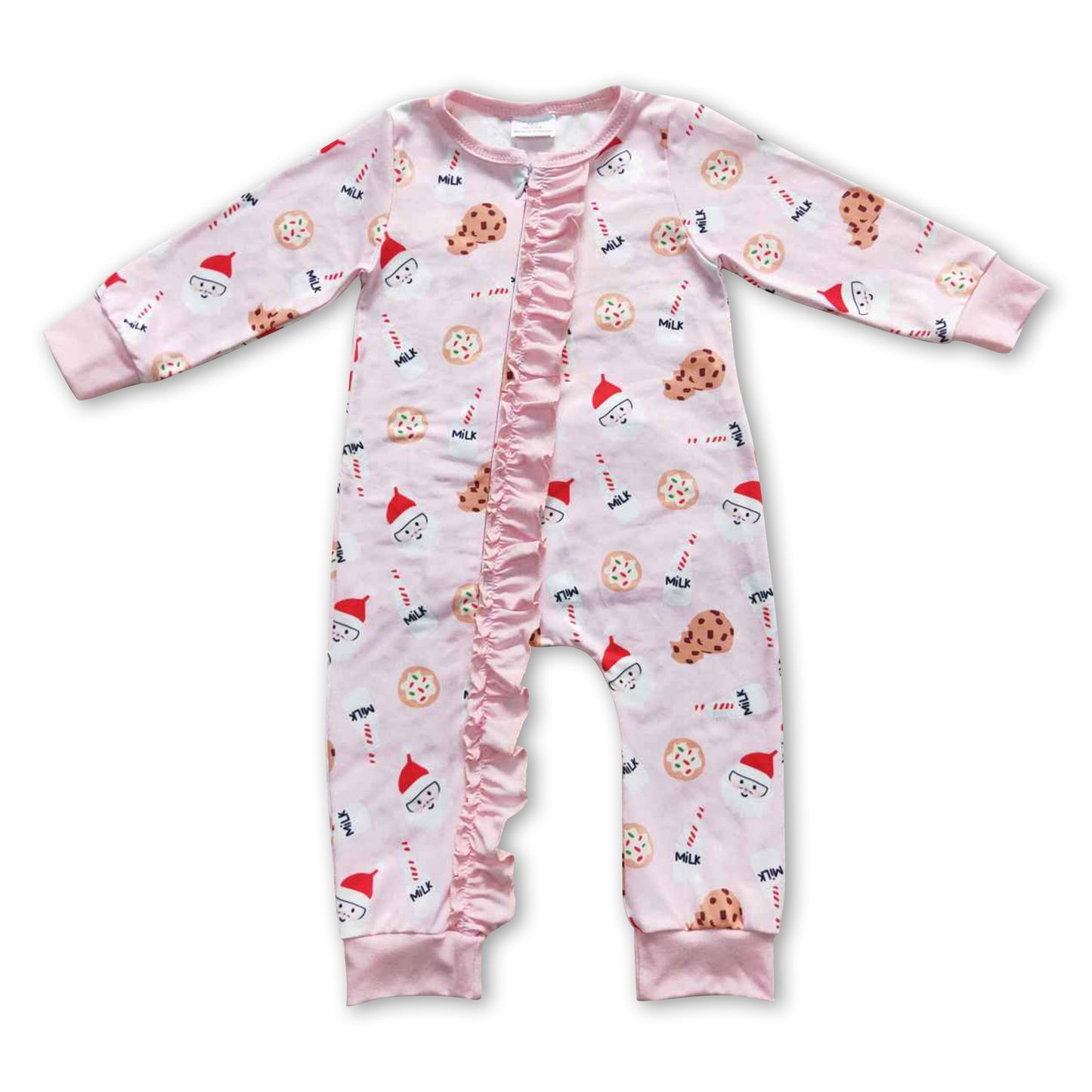 Pink santa cookie milk baby girls ruffle Christmas romper