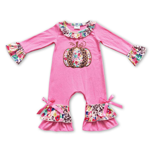 Floral leopard pumpkin ruffle baby fall romper