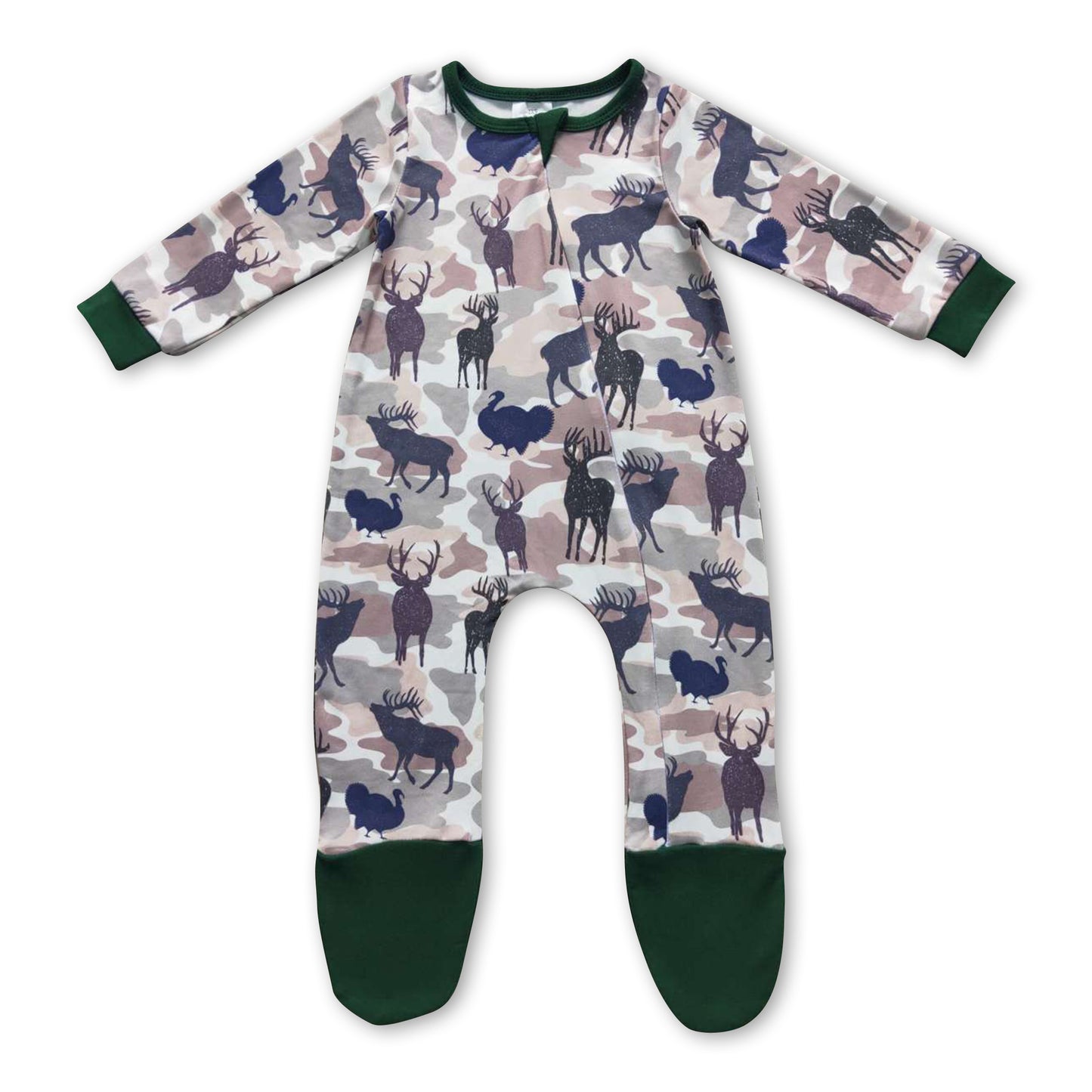 Deer camo olive long sleeves baby kids zipper romper