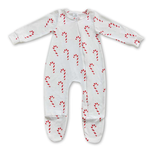 Candy cane baby girls ruffle footed zipper Christmas coveralls