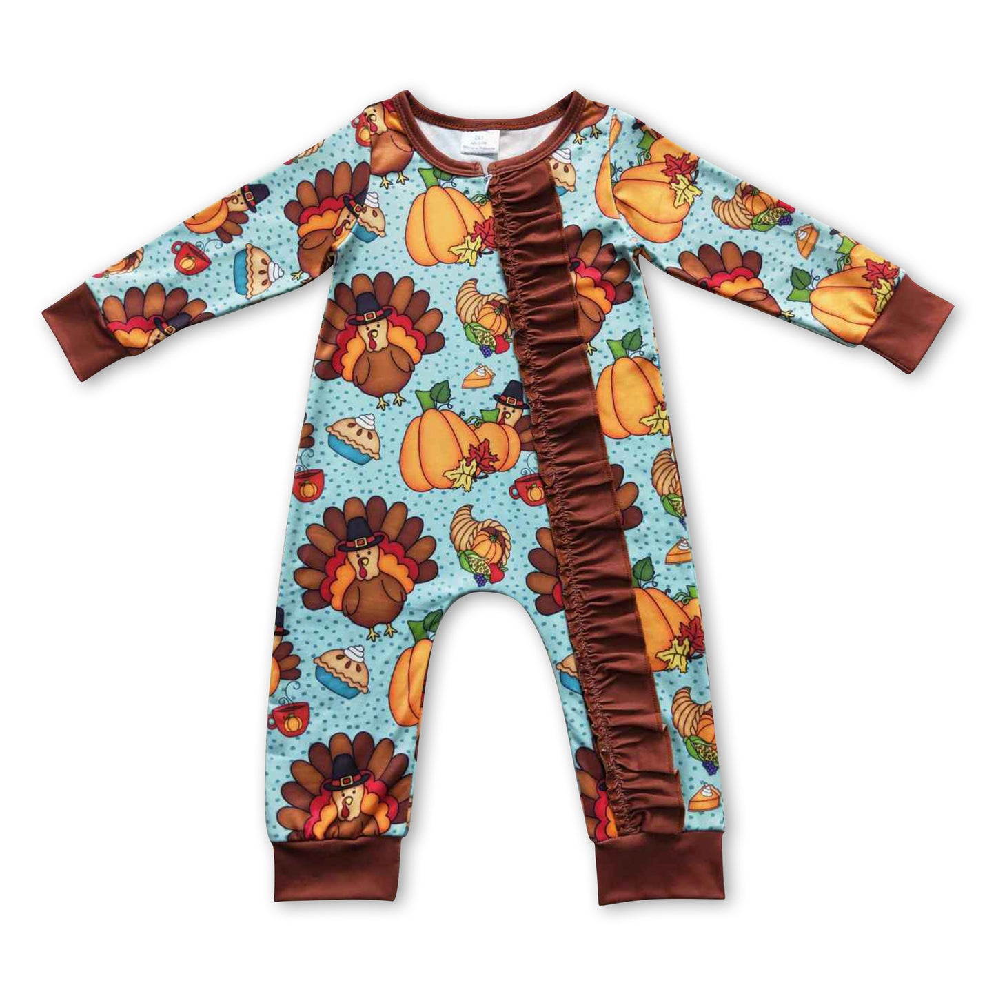 Turkey pumpkin pie baby girl zipper Thanksgiving romper