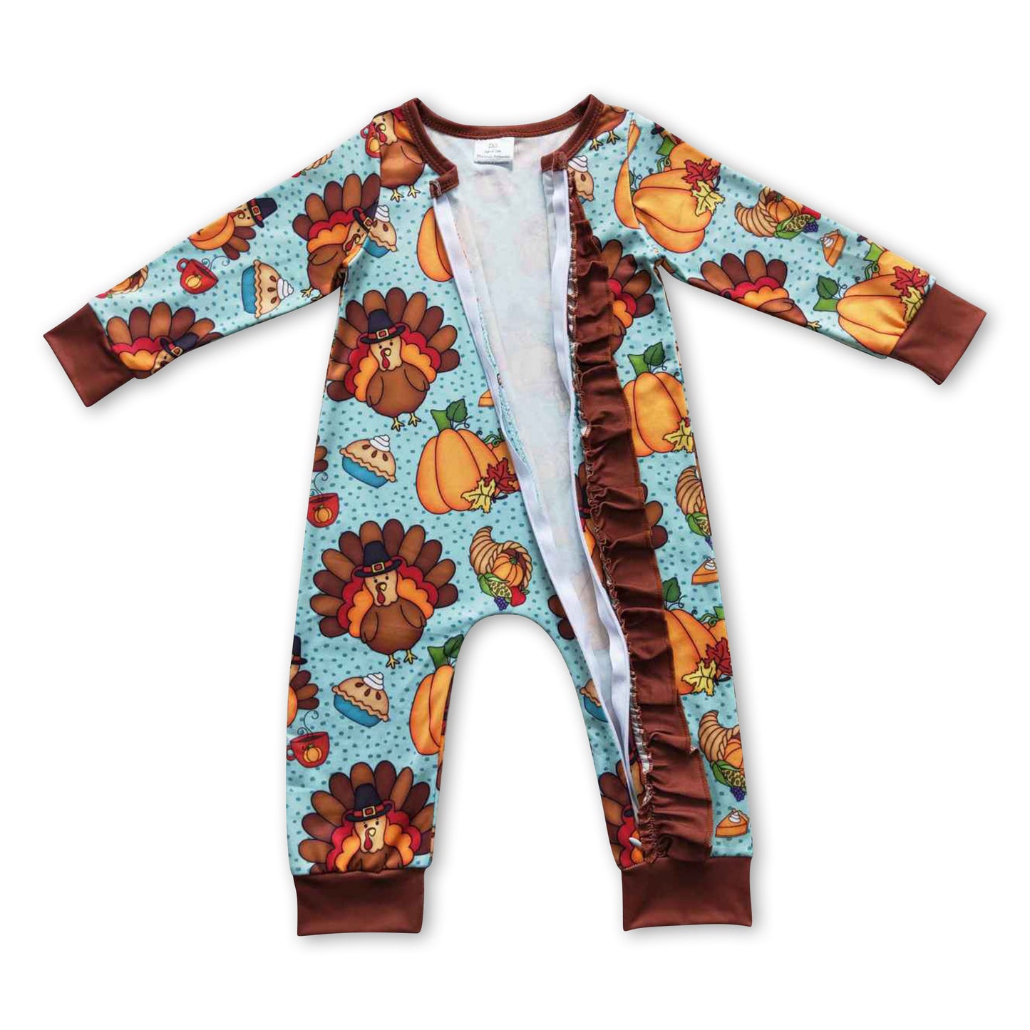 Turkey pumpkin pie baby girl zipper Thanksgiving romper