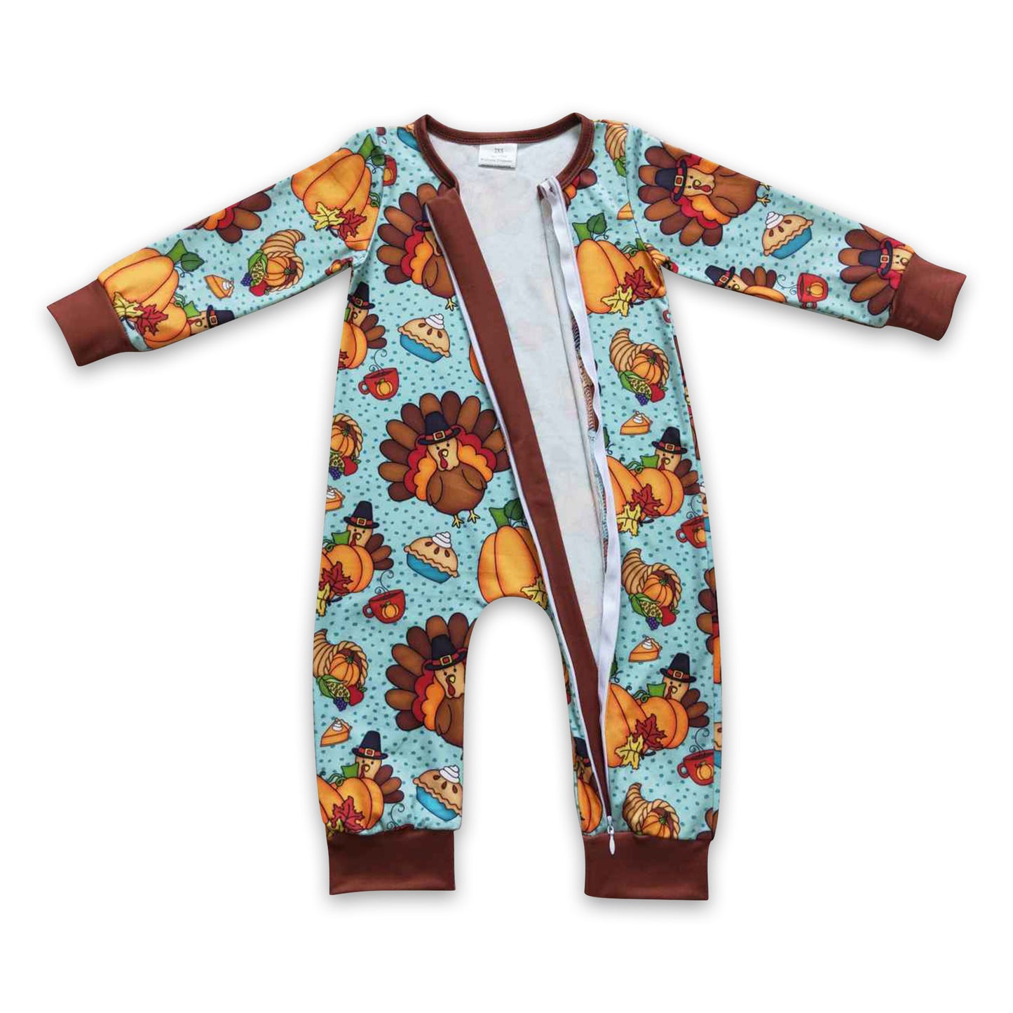 Turkey pumpkin pie baby boy zipper Thanksgiving romper