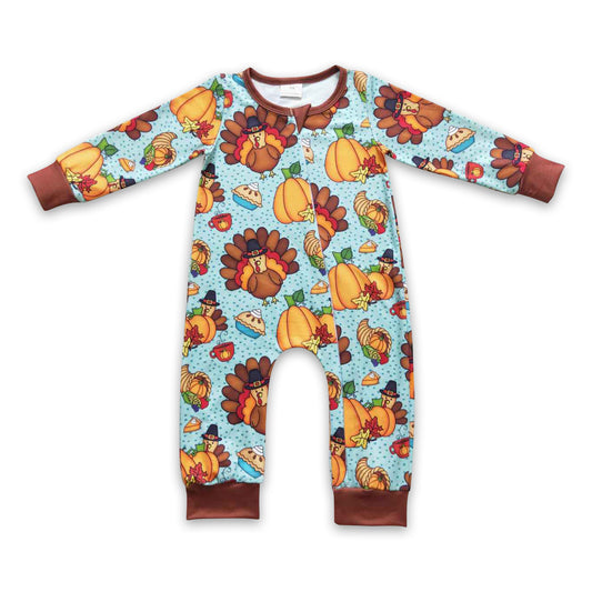 Turkey pumpkin pie baby boy zipper Thanksgiving romper