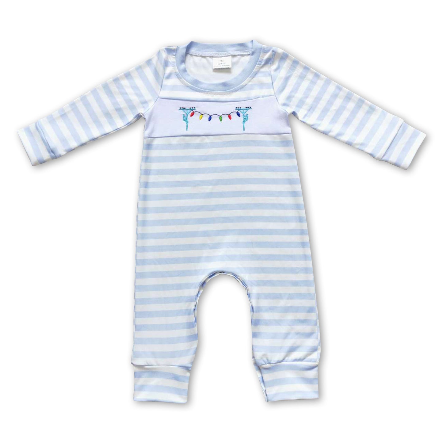 Christmas lighting blue stripe baby boy romper