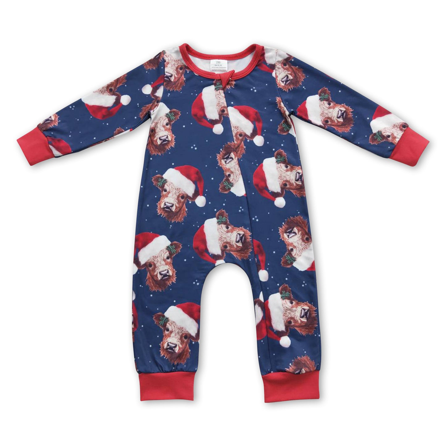 Red Christmas hat highland cow baby zipper romper