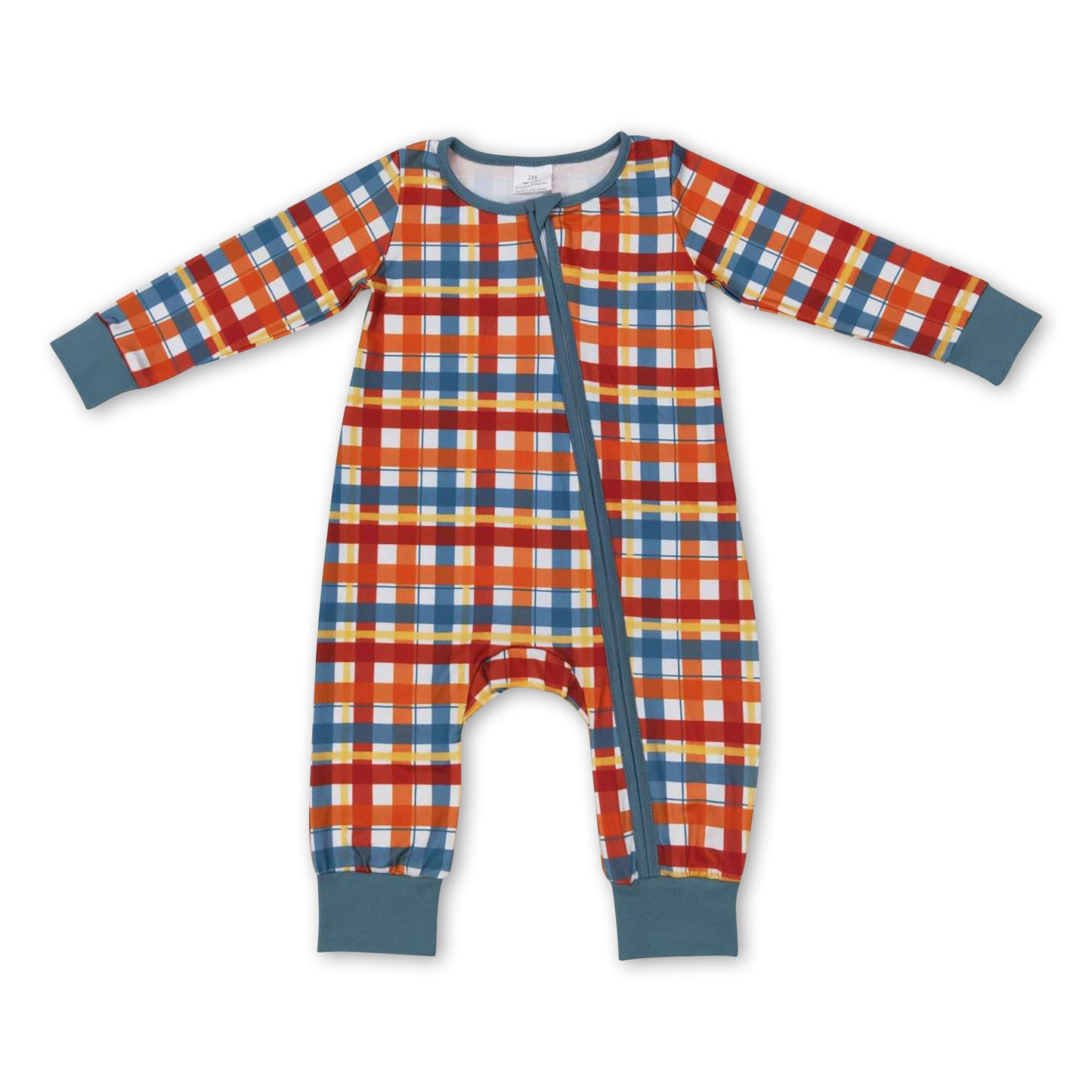 Brown blue plaid baby kids fall zipper romper