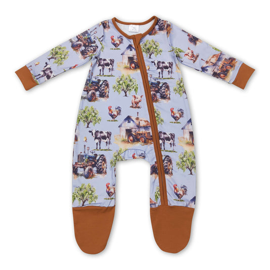 Tractor chicken cow pig baby kids farm footed coveralls