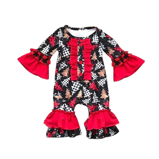 Black Christmas tree ruffle baby girls romper