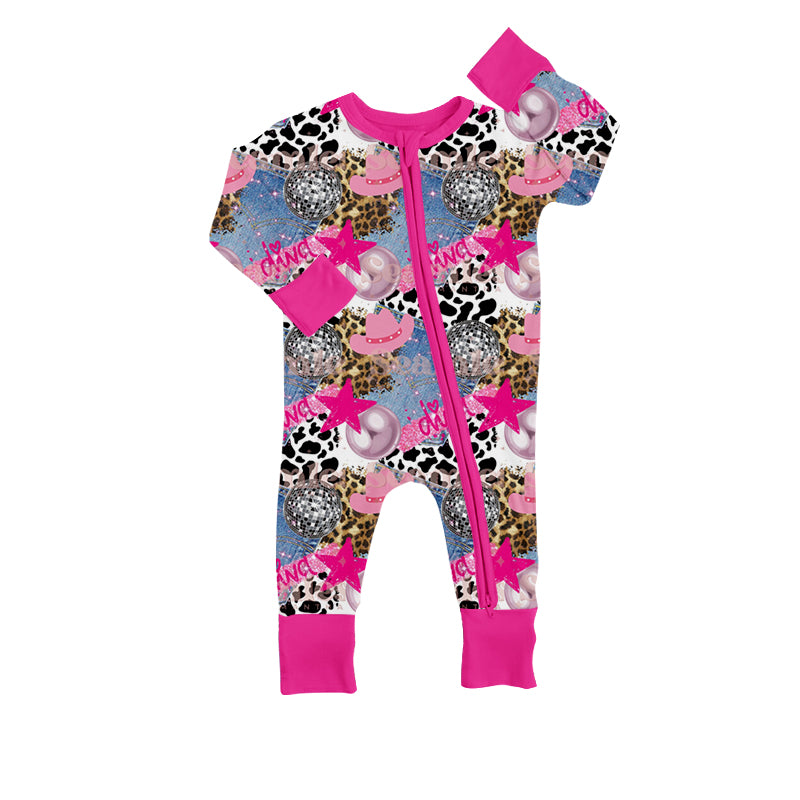 Hot pink cow print hat western baby zipper romper