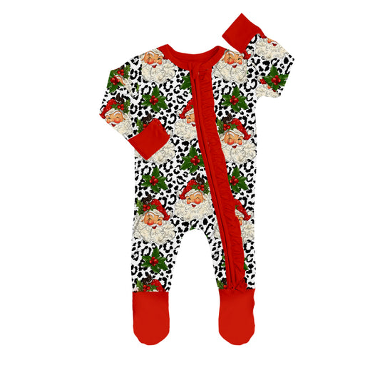Leopard santa red baby girls Christmas zipper footed coverall