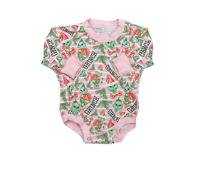 Pink stripe green face baby girls Christmas romper