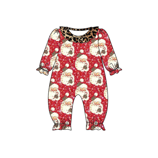 Red santa candy cane leopard baby girls Christmas romper