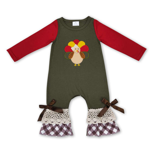 Olive maroon turkey plaid baby girls Thanksgiving romper