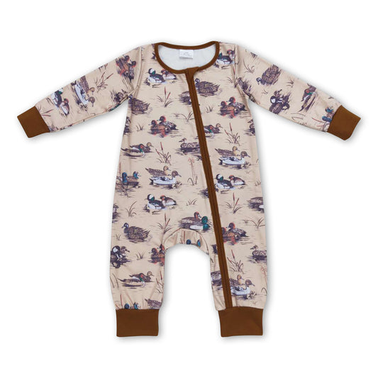 Brown duck long sleeves baby kids zipper hunting romper