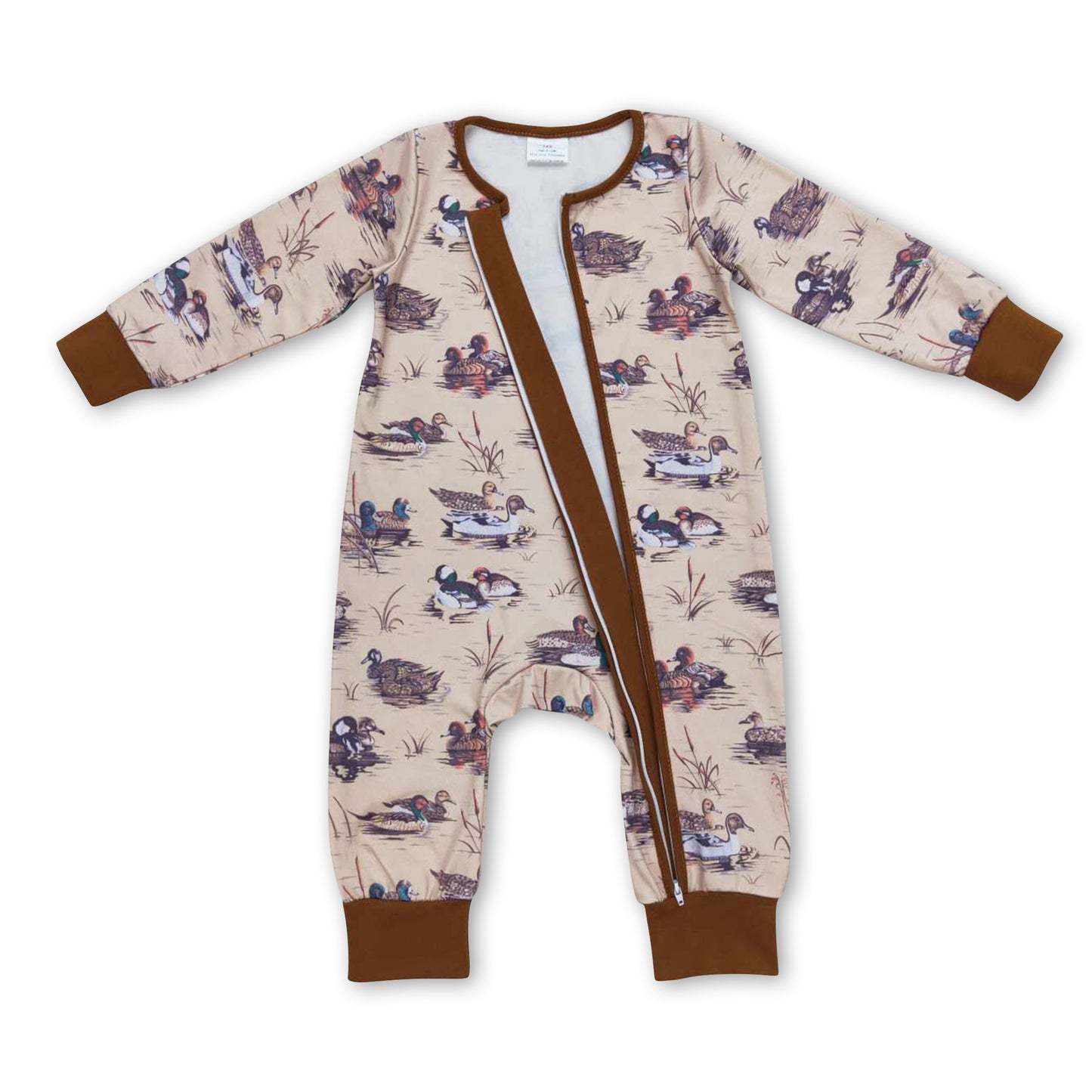 Brown duck long sleeves baby kids zipper hunting romper