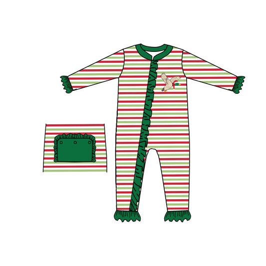 Green red stripe duck baby girls Christmas zipper romper