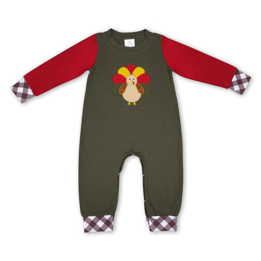 Olive maroon turkey plaid baby boy Thanksgiving romper