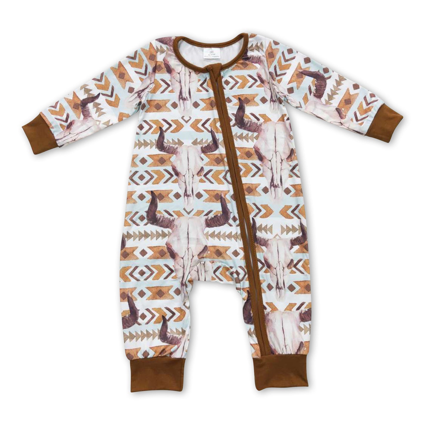 Brown pockets bull skull western baby boy zipper romper