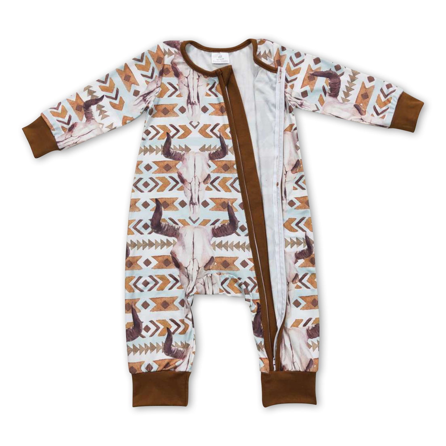 Brown pockets bull skull western baby boy zipper romper