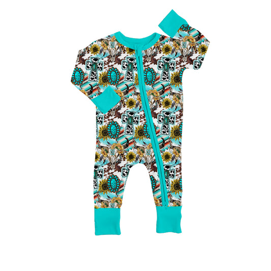 Turquoise bull skull sunflower baby kids western romper