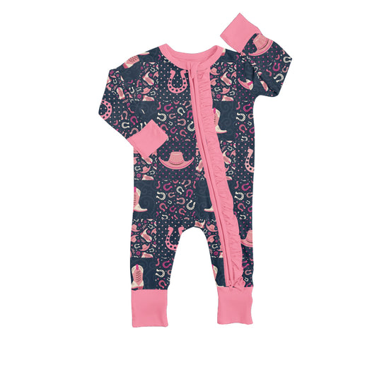 Hat boots patchwork pink baby girls zipper romper