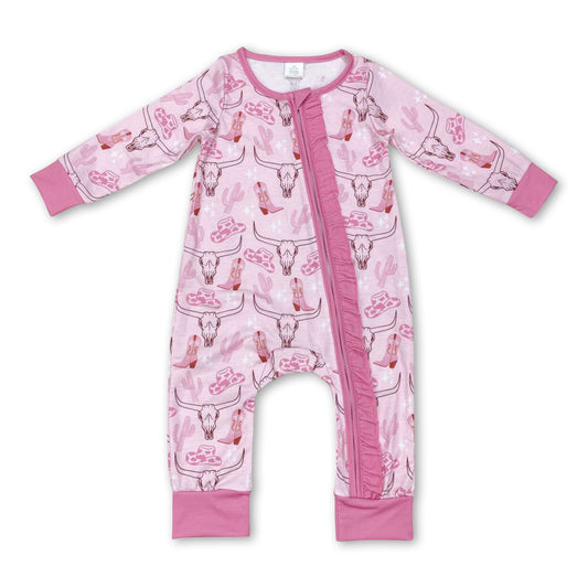 Pink boots cactus bull skull baby girls zipper romper ship from US