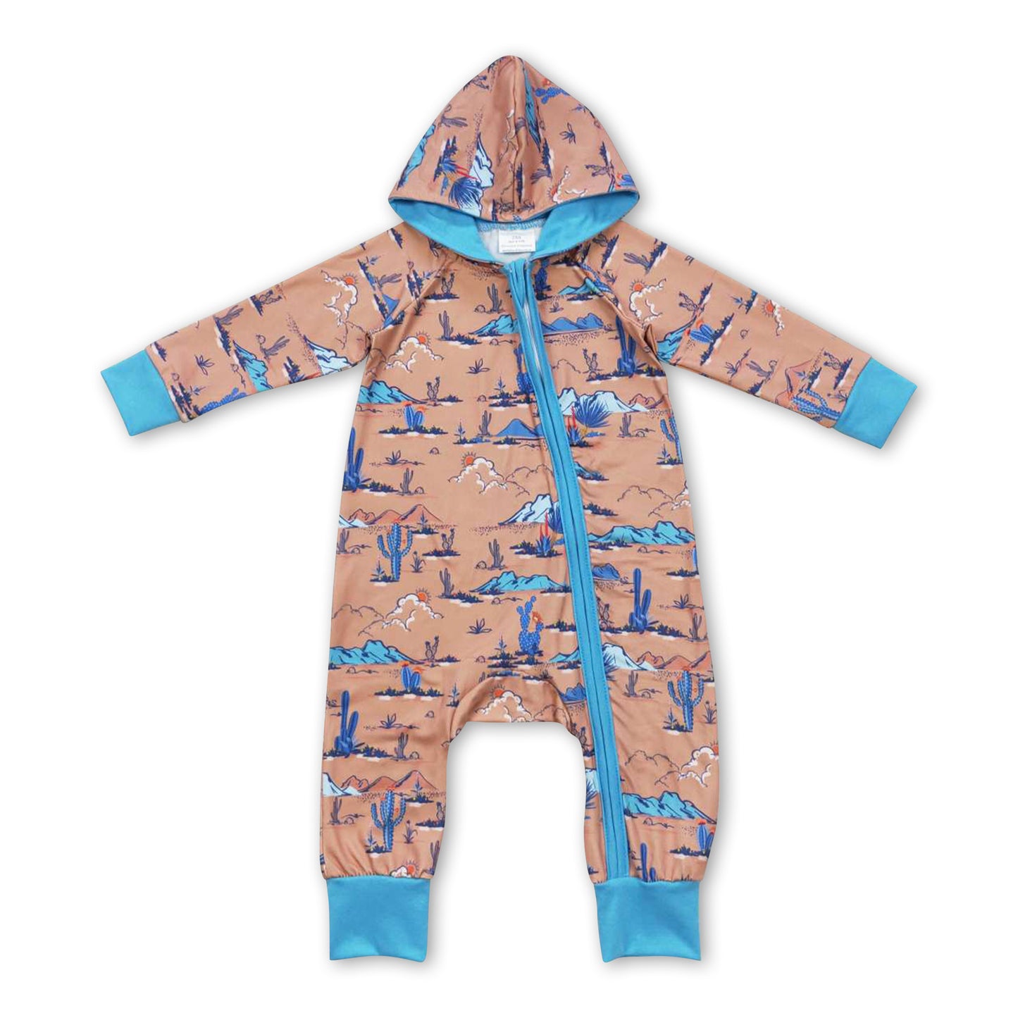 Blue cactus hooded baby kids zipper western romper