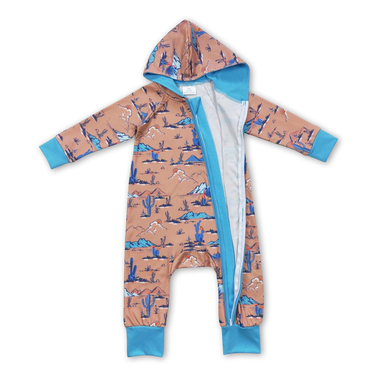 Blue cactus hooded baby kids zipper western romper