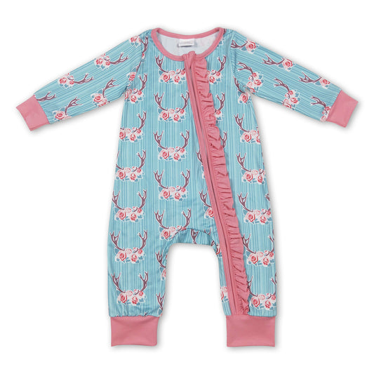 Deer floral long sleeves baby girls zipper romper