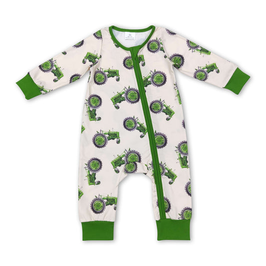 Green tractor baby boy farm zipper romper ship from US