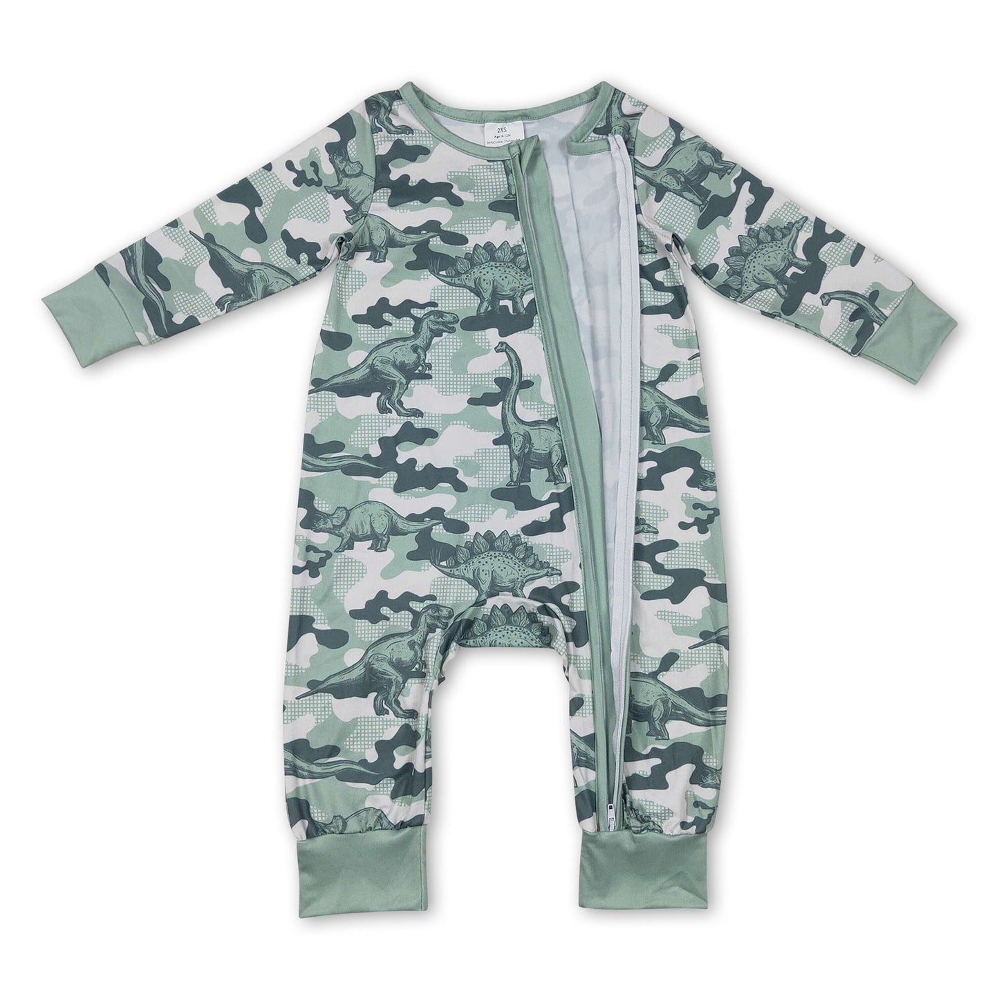 Green Dinosaur camo long sleeves baby boy zipper romper