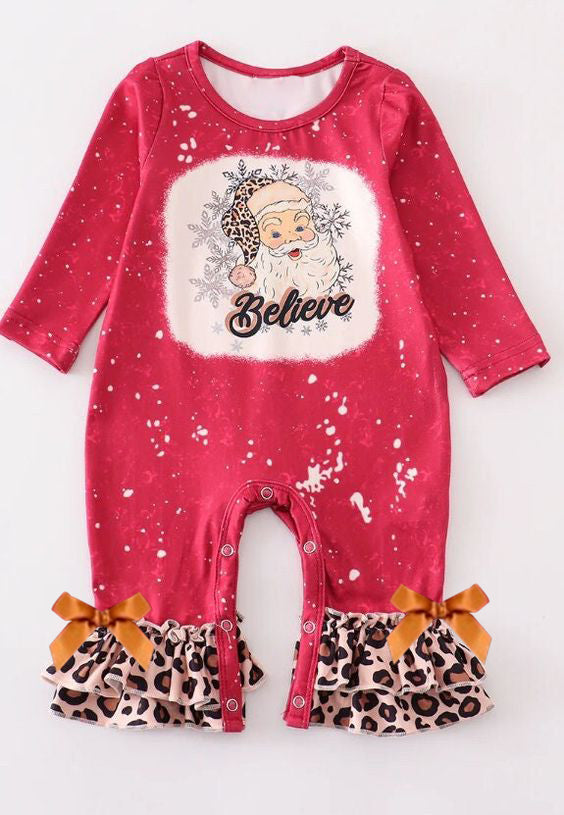 Santa believe leopard ruffle baby girls Christmas romper