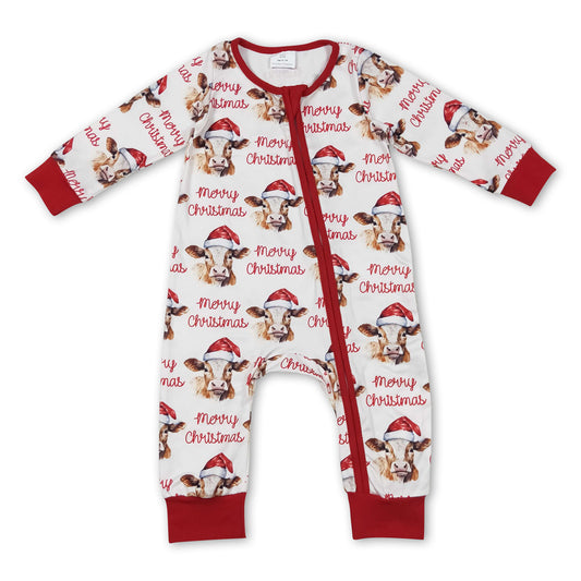 Merry Christmas cow long sleeves baby kids zipper romper