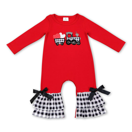 Red plaid truck heart ruffle baby girls Valentine's romper