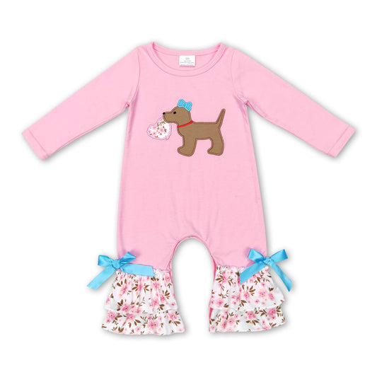 Pink dog floral heart baby girls valentine's day romper