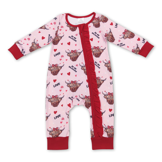 Be my valentine highland cow heart baby girls romper