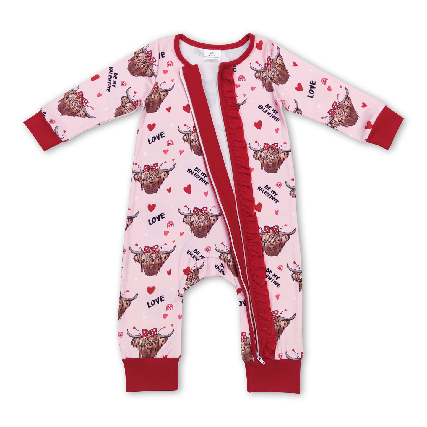 Be my valentine highland cow heart baby girls romper