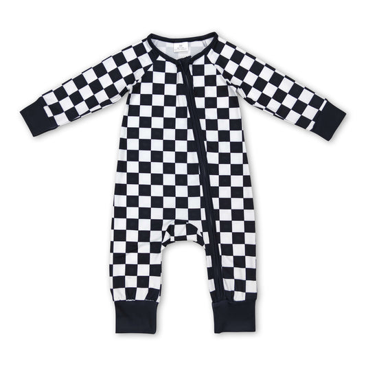 Black plaid long sleeves baby kids zipper romper