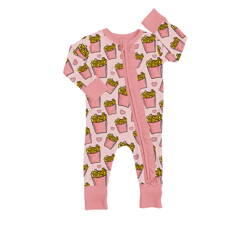 Fries heart long sleeves baby girls zipper valentine's romper