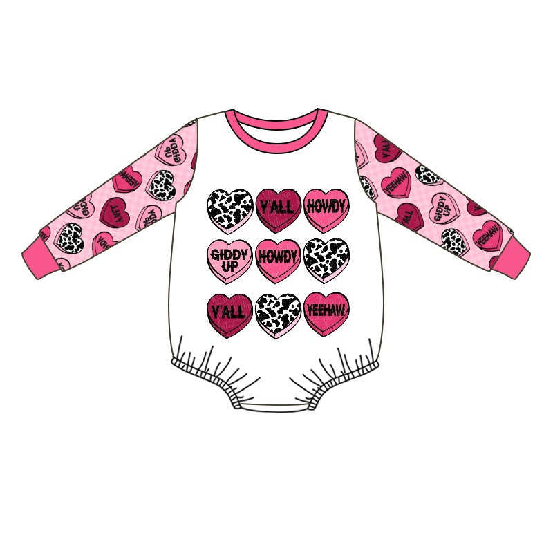 Pink plaid heart long sleeves western girls valentine's romper