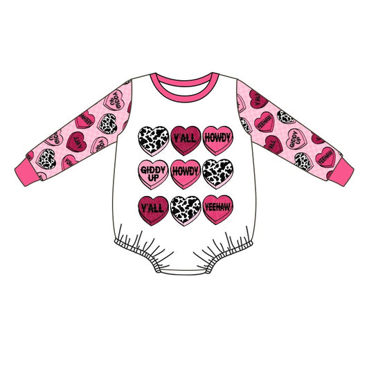 Pink plaid heart long sleeves western girls valentine's romper