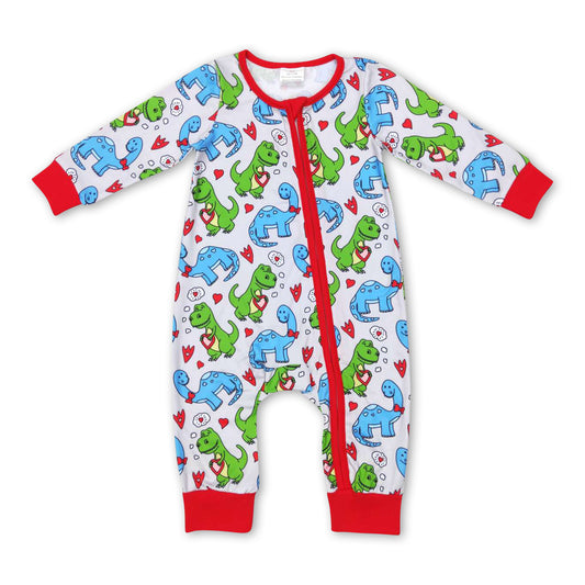 Red heart dinosaur baby kids valentine's zipper romper