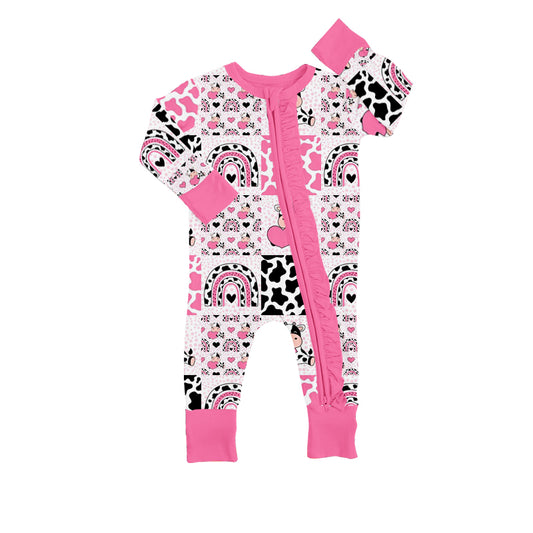 Pink cow heart rainbow baby girls valentine's romper