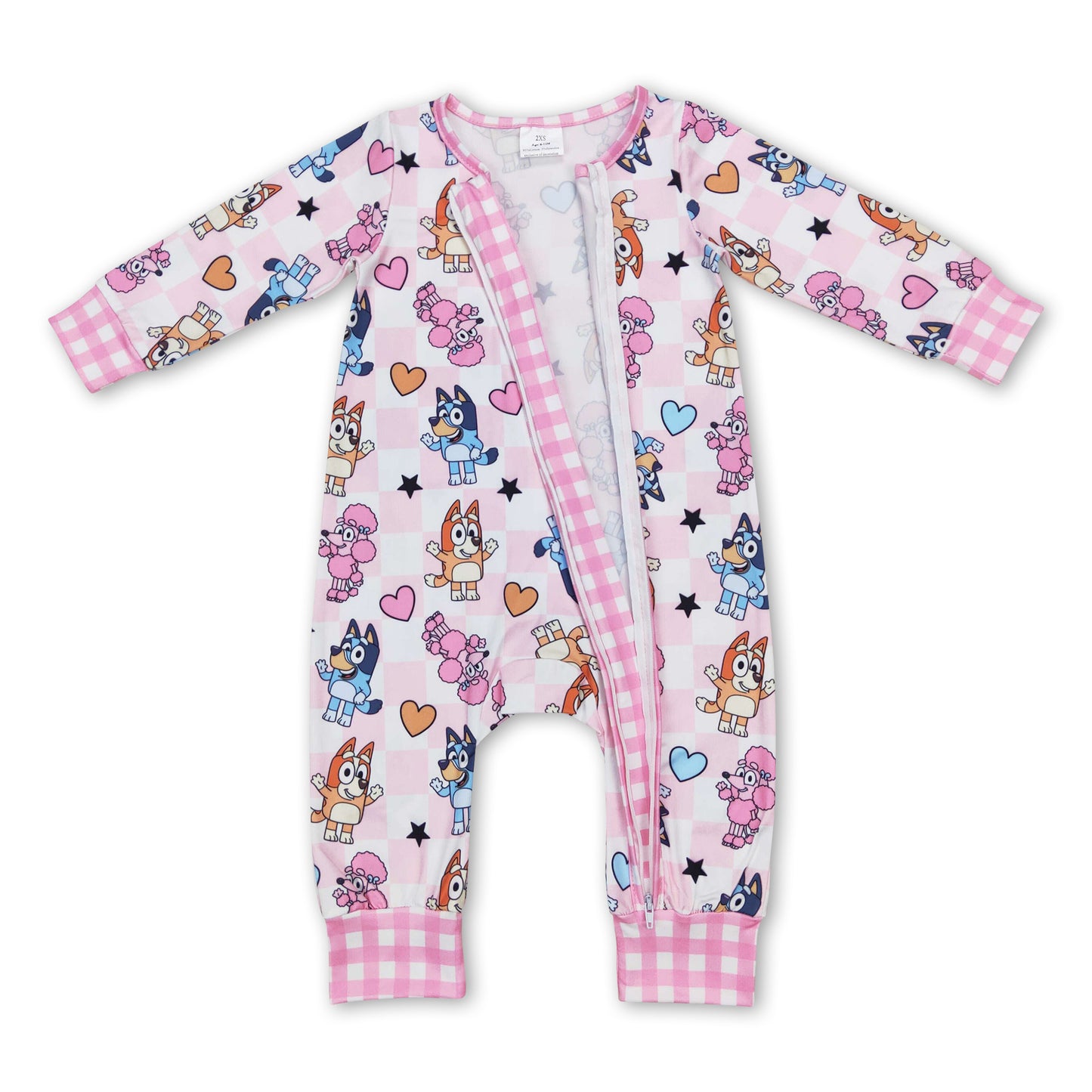 Pink heart plaid dogs baby girls valentines zipper romper